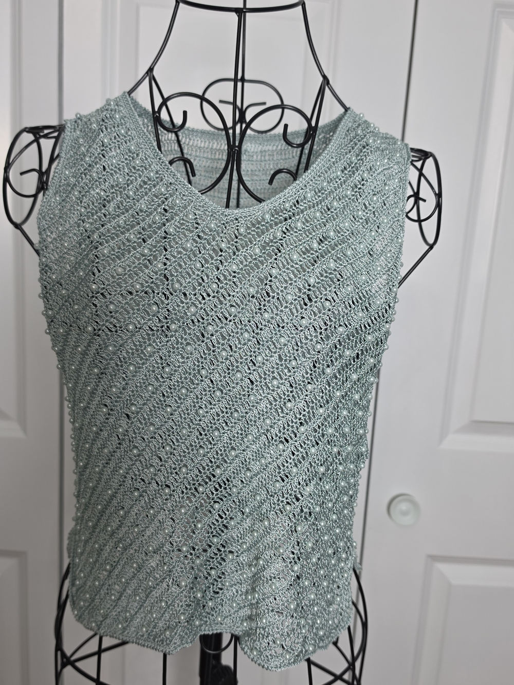 Kantee Aqua Crochet Pearl Beaded Sweater Vest Vintage Style